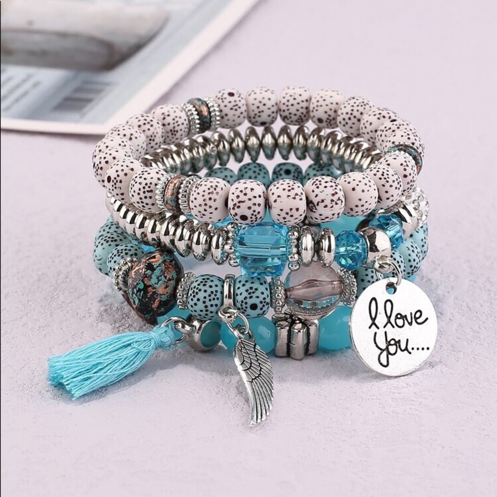 Love Wings Tassel Multilayer Bracelet Turquoise -4pcs Beaded Bracelet